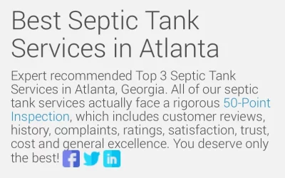 BEST SEPTIC COMPANY IN ATLANTA GA BEST SEPTIC TANK SERVICES IN ATLANTAEXPERT RECOMMENDED TOP 3 SEPTIC TANK SERVICES IN ATLANTA, GEORGIA.